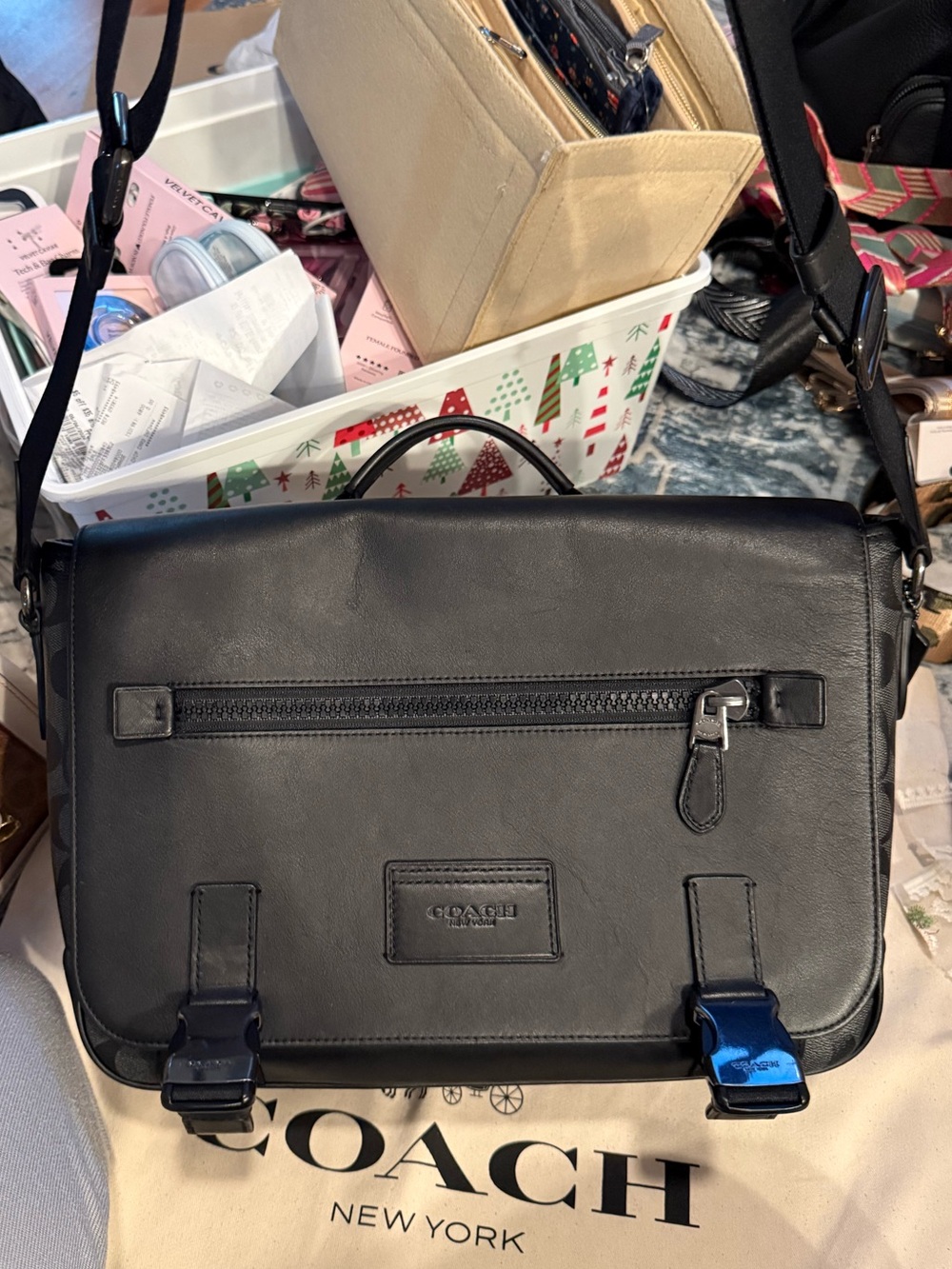 Coach Black Leather Messenger Bag with Front Zip